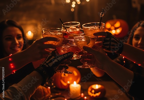 Friends celebrating Halloween with cocktails, festive decorations, and carved pumpkins.