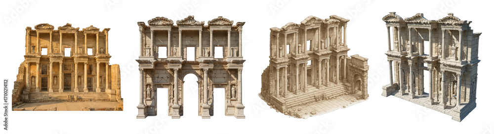 Fototapeta premium Celsus Library ruins set including photorealistic and illustrated views isolated. Historical building elements for design and education.