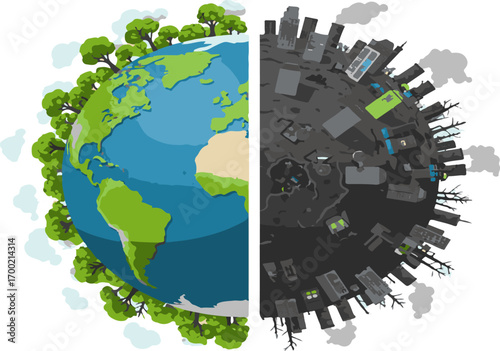 Vector illustration of Earth split into green nature and polluted city, concept of climate change and environment.