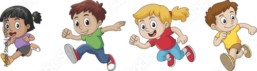 Cute cartoon kids running, energetic children playing, happy boys and girls vector, childhood joy, active movement, playful illustration, colorful characters, white background, smiling faces