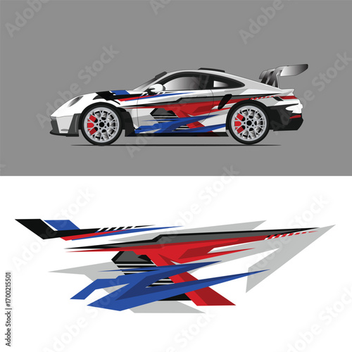 Aggressive car livery decal design with blue, red, black, and gray color combinations. Modern sharp geometric style