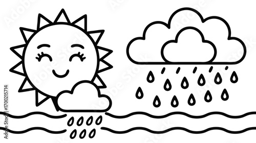 Smiling sun and rain clouds with raindrops in coloring page concept  