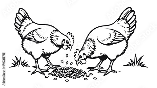 Two chickens pecking at seeds on a grassy coloring page  
