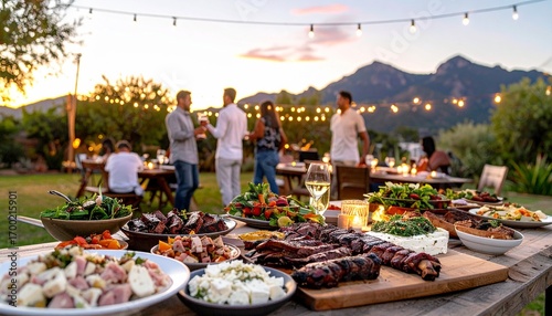 Friends enjoying a delicious BBQ feast at an outdoor twilight garden party.