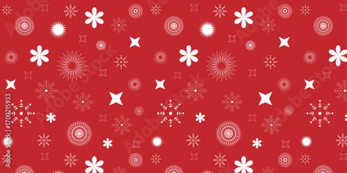  Red Christmas Seamless Pattern – White Snowflakes, Stars, and Decorative Floral Shapes Holiday Background