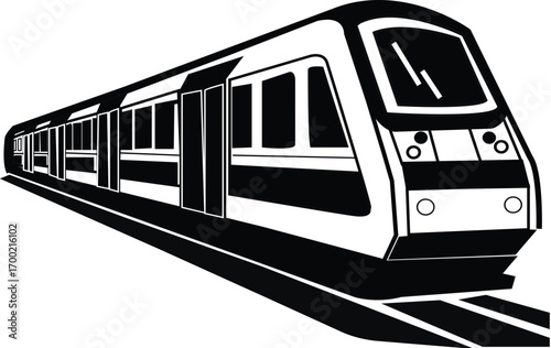 Modern train speeding along tracks conveys efficient transportation and travel concept