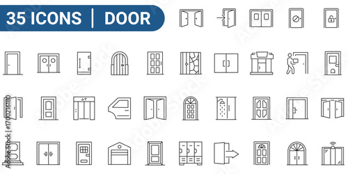 Door icon set. Containing enter, exit, doorbell, knock, open door, home, closed door, pull, push, and more. Editable stroke. Vector illustration
