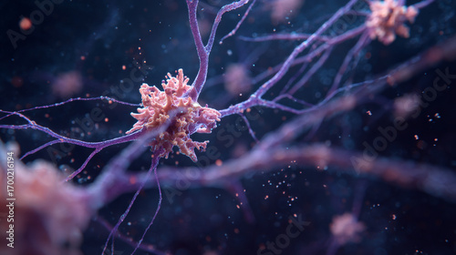 A close up view of interconnected nerve cells with a dark blue and purple background
