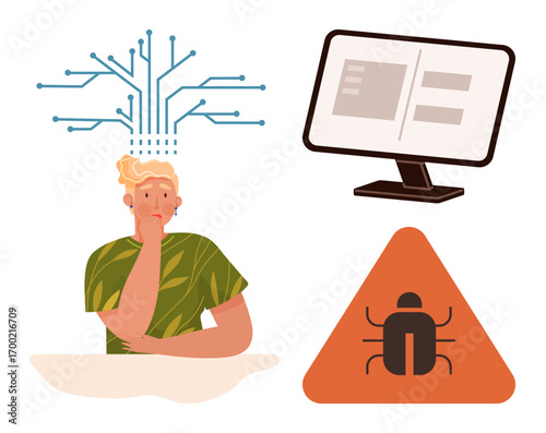 Person pondering with a digital circuit above, computer monitor displaying software interface, and a bug troubleshooting sign. Ideal for problem-solving, technology, software development, coding