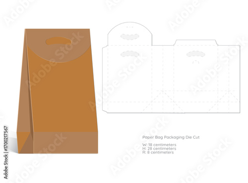 Paper bag packaging template modern 3d flat mockup and die cut paper sketch