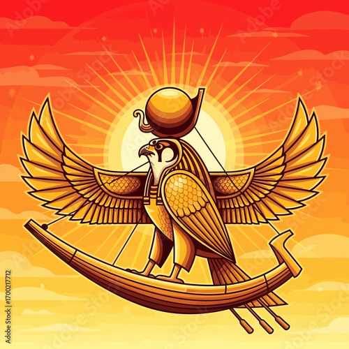 Golden falcon-headed deity, Egyptian god Horus, depicted on a sunrise background.