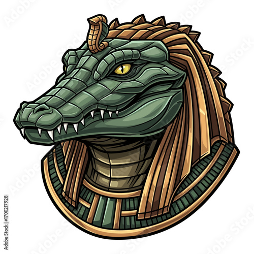 Egyptian crocodile deity head, ornate headdress, detailed illustration.
