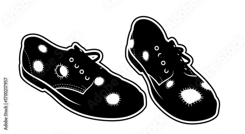Stylized black and white vector illustration of men's formal shoes with a polka dot pattern