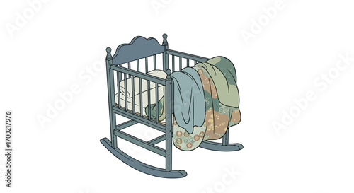A charming hand-drawn illustration of a vintage blue rocking cradle with a cozy patchwork quilt, isolated on a white background