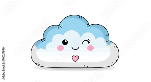 Cute kawaii winking cloud cartoon character with a heart mouth on a white background