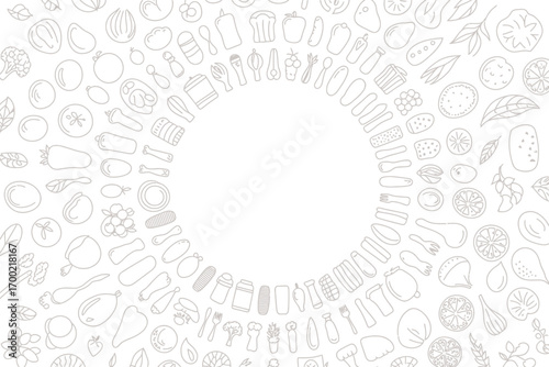 A circular arrangement of outlined food items and kitchen utensils on a white background creating a frame