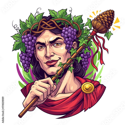 Portrait of a Roman god of wine, adorned with grapevine wreath and holding a staff.
