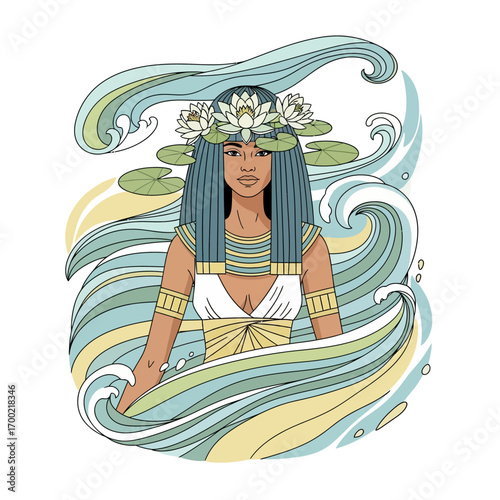 Illustration of an Egyptian woman with blue hair and a water lily crown, surrounded by stylized waves.