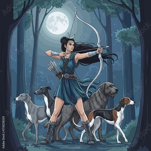 A woman archer in a forest at night, accompanied by hunting dogs under a full moon.