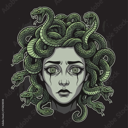A stylized illustration of Medusa, featuring a woman's face with snakes for hair, expressing sadness.