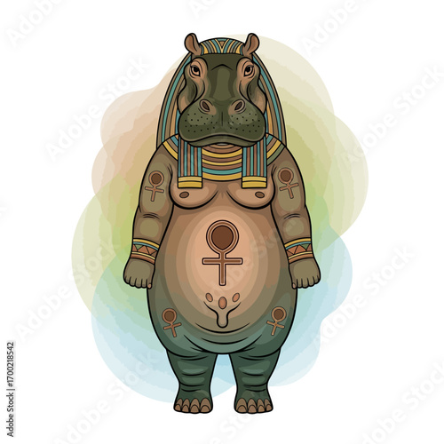 A cartoon illustration of a standing hippopotamus depicted as the ancient Egyptian goddess Taweret, adorned with traditional symbols and colors.