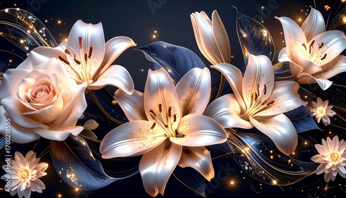 Elegant floral arrangement of lilies and roses, bathed in a golden glow