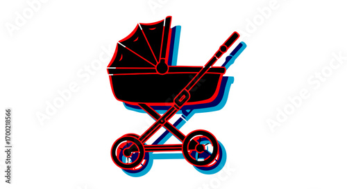 Modern graphic illustration of a baby stroller featuring a distinctive red and blue chromatic aberration effect on a white background