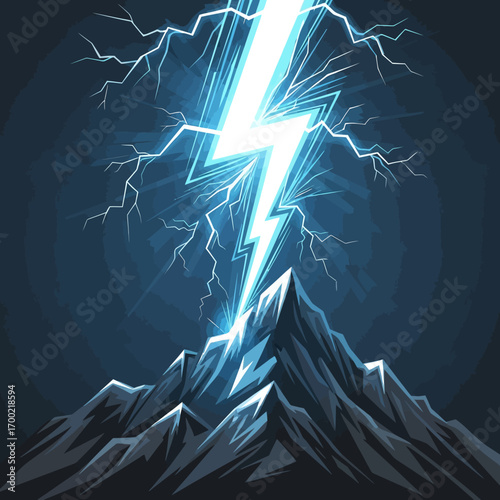 A stylized illustration of a jagged mountain peak being struck by a powerful, bright blue lightning bolt.