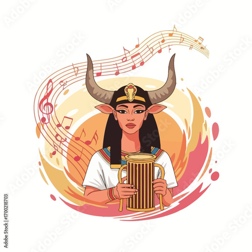 Egyptian goddess figure holding a golden cup, surrounded by musical notes, in a stylized illustration.