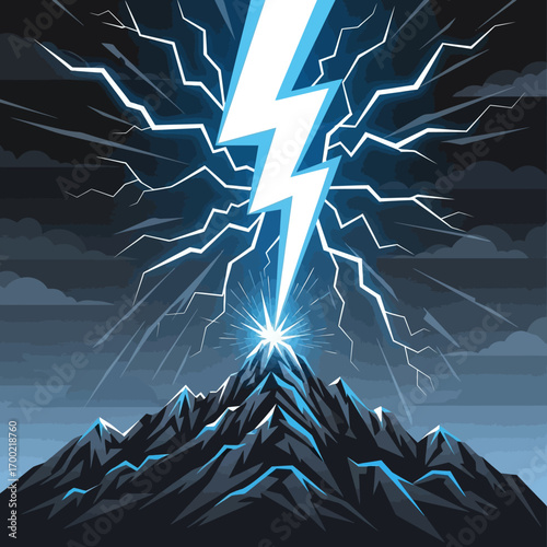 A stylized illustration of a mountain peak being struck by a powerful bolt of lightning, with surrounding electrical discharges.
