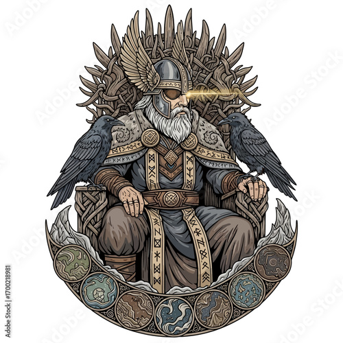 Illustration of Odin, the Norse god, seated on a throne with ravens, emitting light from his eye, and surrounded by Norse symbols.