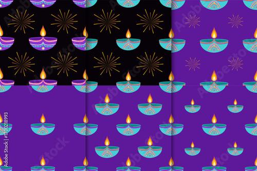 Set of Diwali seamless patterns with diyas in flat style. Deepavali vector illustration for holiday banners and social posts