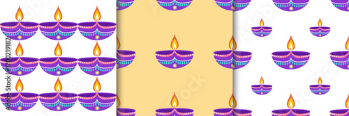 Set of Diwali celebration seamless patterns with diyas and fireworks in flat style. Deepavali vector illustration on black background for social media, banners, cards