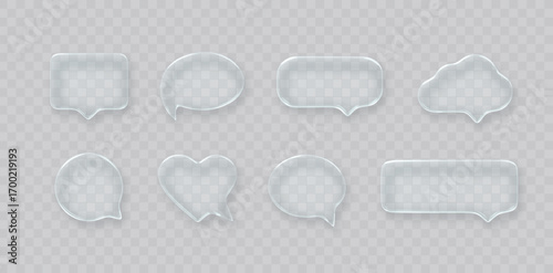 Glass speech bubble 3d icon set on transparent background. Message cloud vector object