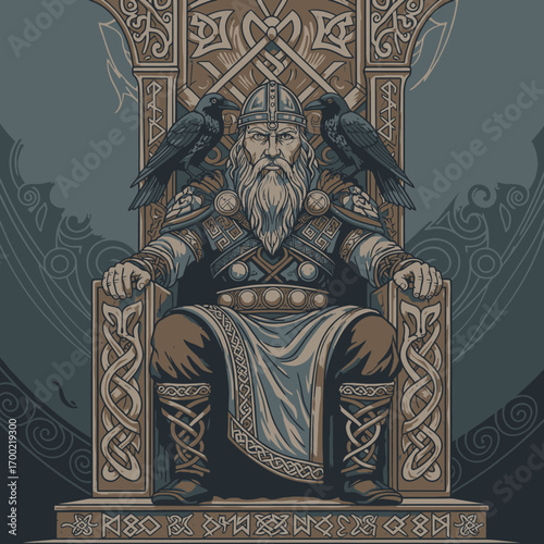 Illustration of Odin, the Norse god, seated on an ornate throne with two ravens perched on his shoulders.