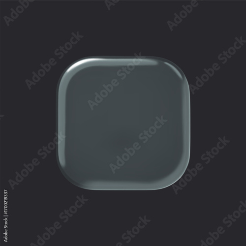 Glass square transparent button on dark background. 3d vector realistic ui icon.