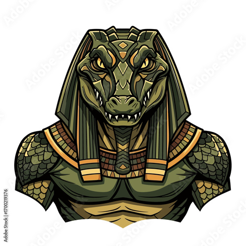 An Egyptian-inspired illustration of a crocodile deity with detailed armor and a stern gaze.
