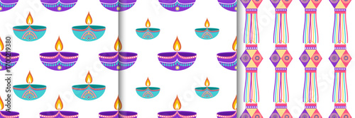 Set of Festive Diwali seamless patterns with diyas and lanterns in flat style. Deepavali vector illustration for digital and print use