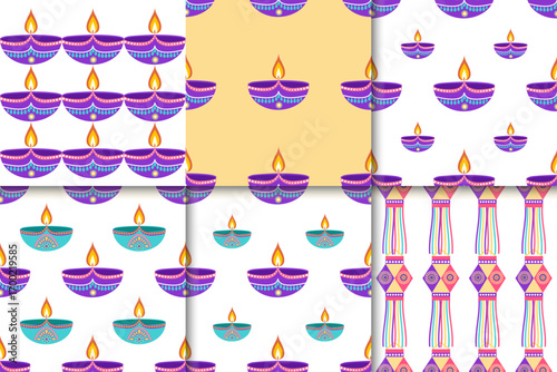 Set of Festive Diwali seamless patterns with diyas and lanterns in flat style. Deepavali vector illustration for digital and print use