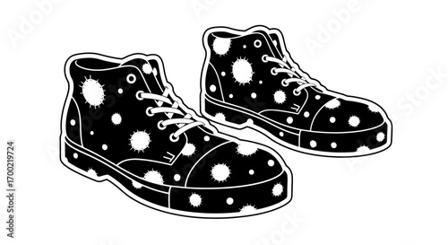 Monochrome vector illustration of a pair of stylish combat boots with a bold abstract spot pattern