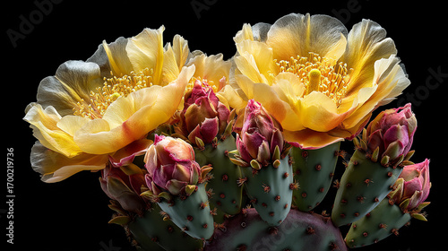 Close up of yellow cactus flowers and pink buds against a solid black background view