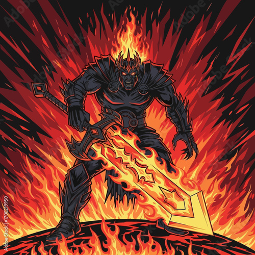 A demonic warrior stands amidst flames, wielding a fiery sword, emanating intense heat.