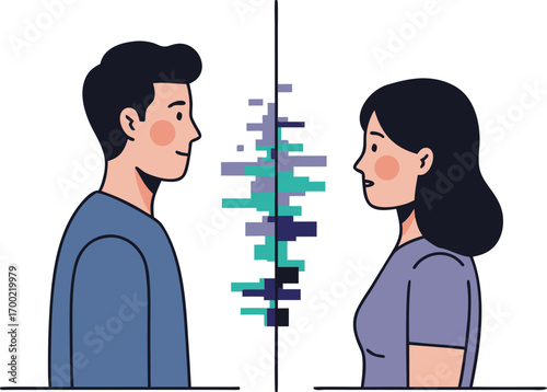 The two figures, separated by a wall of digital noise, symbolize the disconnection and alienation of the digital age, where human communication is replaced by code and data.