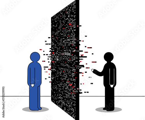 The two figures, separated by a wall of digital noise, symbolize the disconnection and alienation of the digital age, where human communication is replaced by code and data.