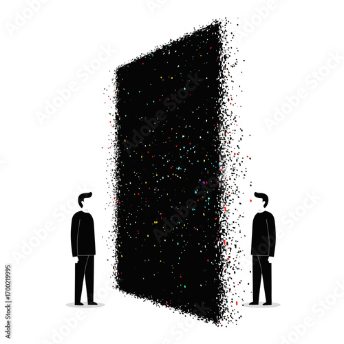 The two figures, separated by a wall of digital noise, symbolize the disconnection and alienation of the digital age, where human communication is replaced by code and data.