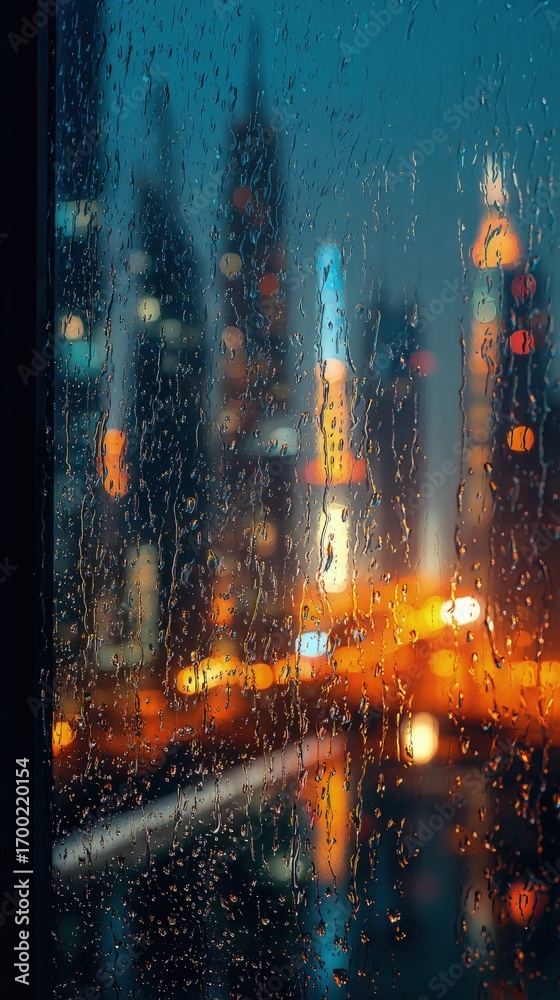 Fototapeta premium Rainy Night Cityscape View Through Window