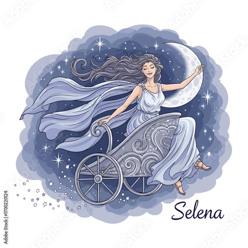 Illustration of Selena, the Greek goddess of the moon, riding in a silver chariot against a backdrop of stars and a crescent moon.