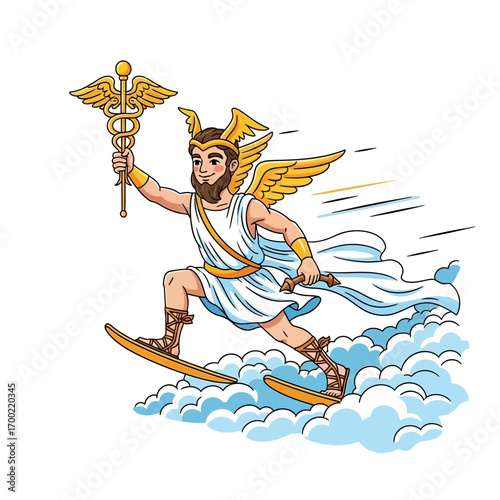 Cartoon depiction of the Roman god Mercury, wearing winged helmet and sandals, riding clouds and holding a caduceus.