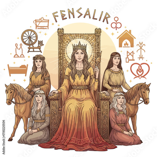 Mythological figure, seated on a throne, surrounded by attendants and symbols of a culture.