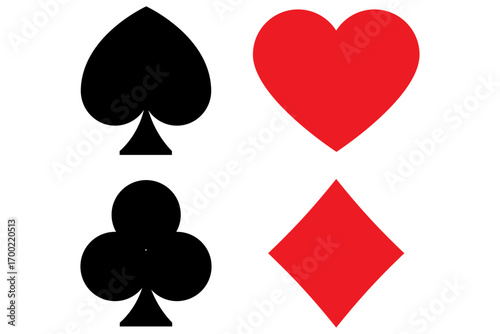 Set of playing card vector suits including spade, heart, club and diamond with bonus icon like joker, dice and casino chips. Perfect for card games, casino UI and gambling themes.